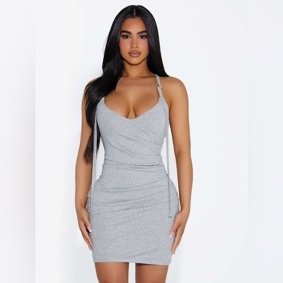 NEW Naked Wardrobe Heather Gray 100% COTTON Ruched Strap Mini Dress - Picture 2 of 14